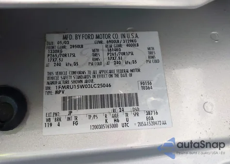 2003 Ford Expedition Xlt из США, поврежденный, VIN 1FMRU15W03LC25046